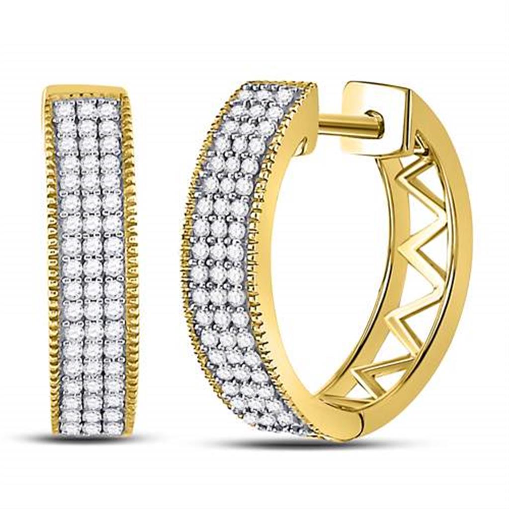 10k Yellow Gold Round Diamond Triple Row Pave Hoop Earrings 1/3 Cttw