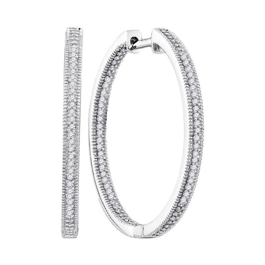 14k White Gold Round Diamond Inside Outside Hoop Earrings 1/2 Cttw