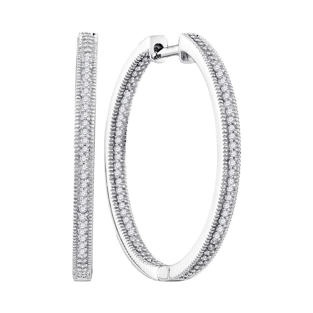 14k White Gold Round Diamond Inside Outside Hoop Earrings 1/2 Cttw