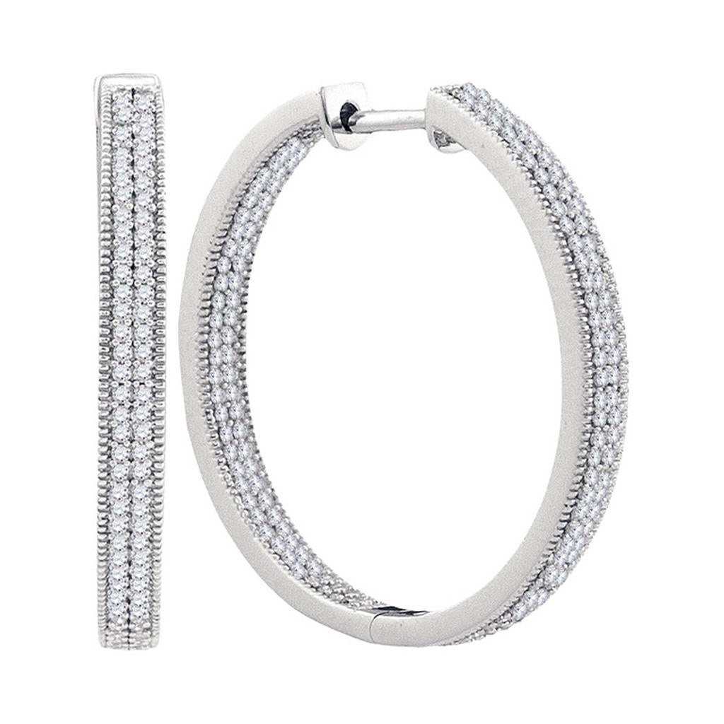 14k White Gold Round Diamond Hoop Earrings 1 Cttw