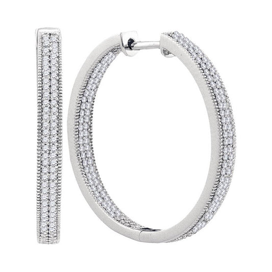 14k White Gold Round Diamond Hoop Earrings 1 Cttw
