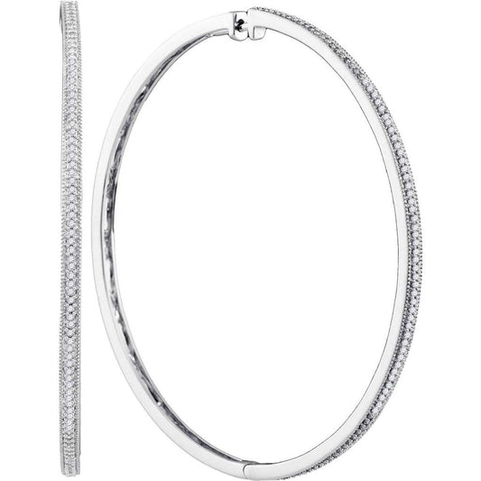 14k White Gold Round Diamond Large Slender Milgrain Hoop Earrings 1/2 Cttw