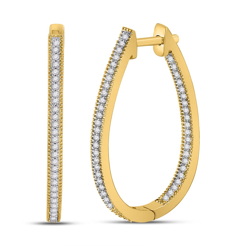 10k Yellow Gold Round Diamond Oblong Hoop Earrings 1/3 Cttw