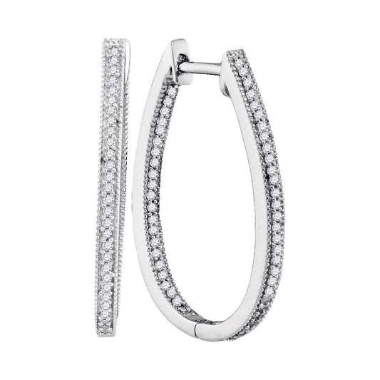 14k White Gold Round Diamond Oblong Hoop Earrings 1/3 Cttw