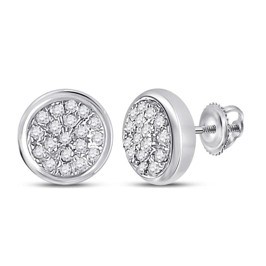 14k White Gold Round Diamond Concentric Cluster Earrings 1/10 Cttw