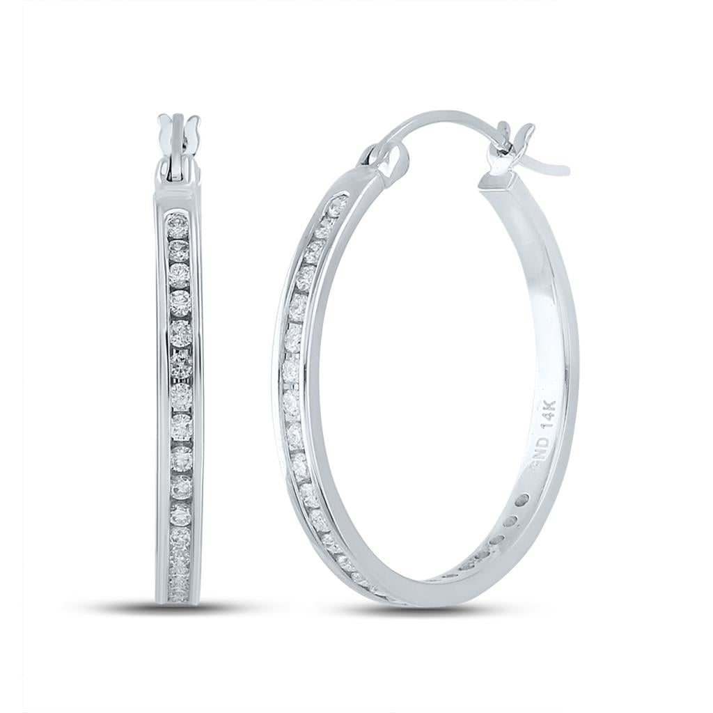14k White Gold Round Diamond Hoop Earrings 1/2 Cttw
