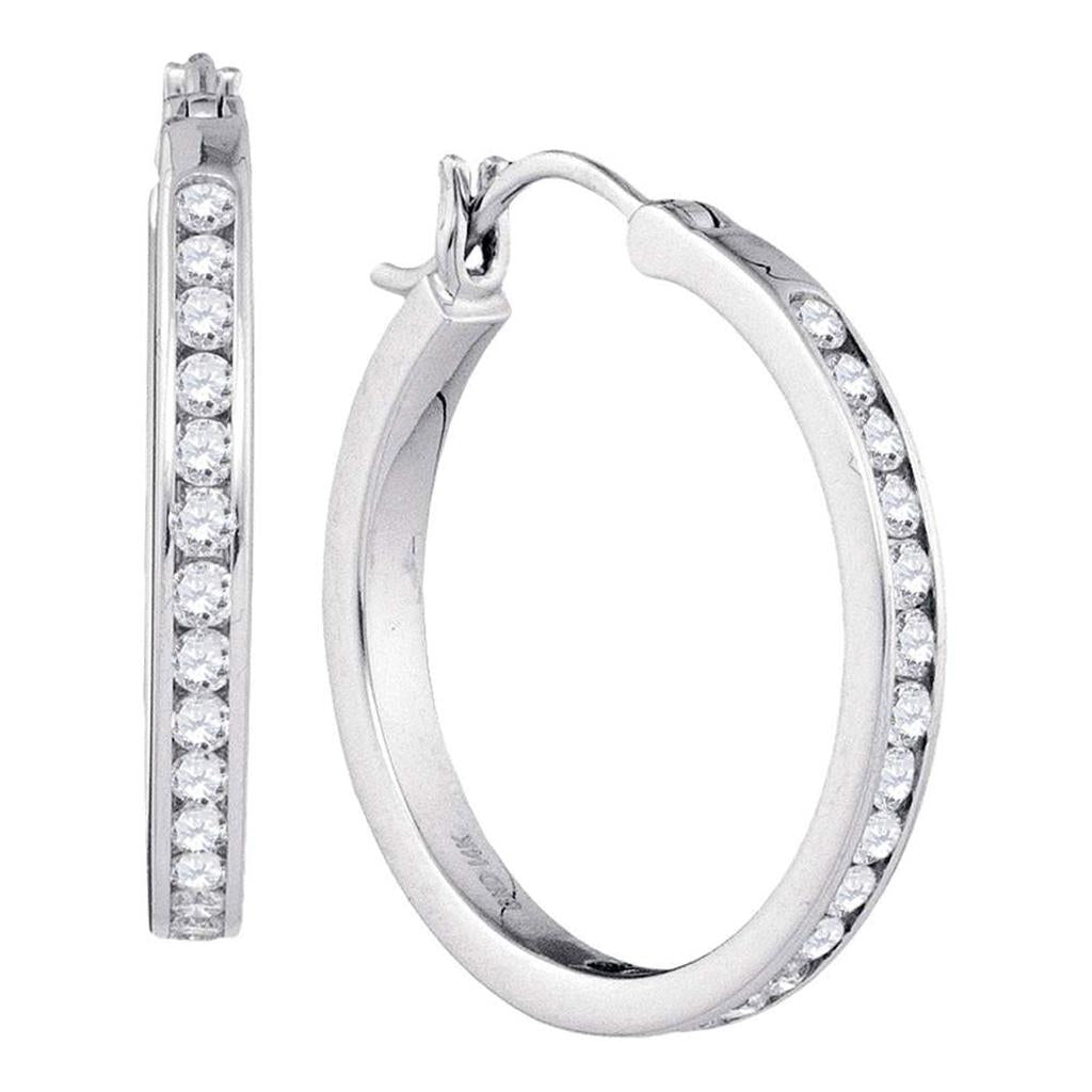 14k White Gold Round Diamond Hoop Snap-down Post Earrings 1 Cttw