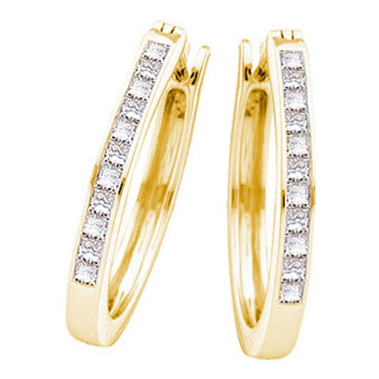 14k Yellow Gold Princess Diamond Slender Hoop Earrings 1/2 Cttw