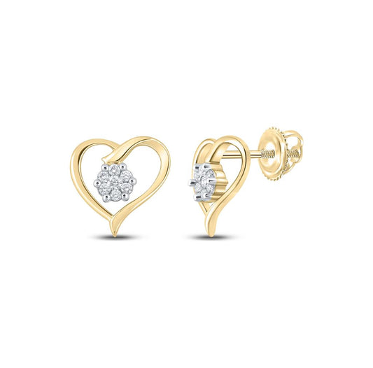 10k Yellow Gold Round Diamond Heart Earrings 1/6 Cttw