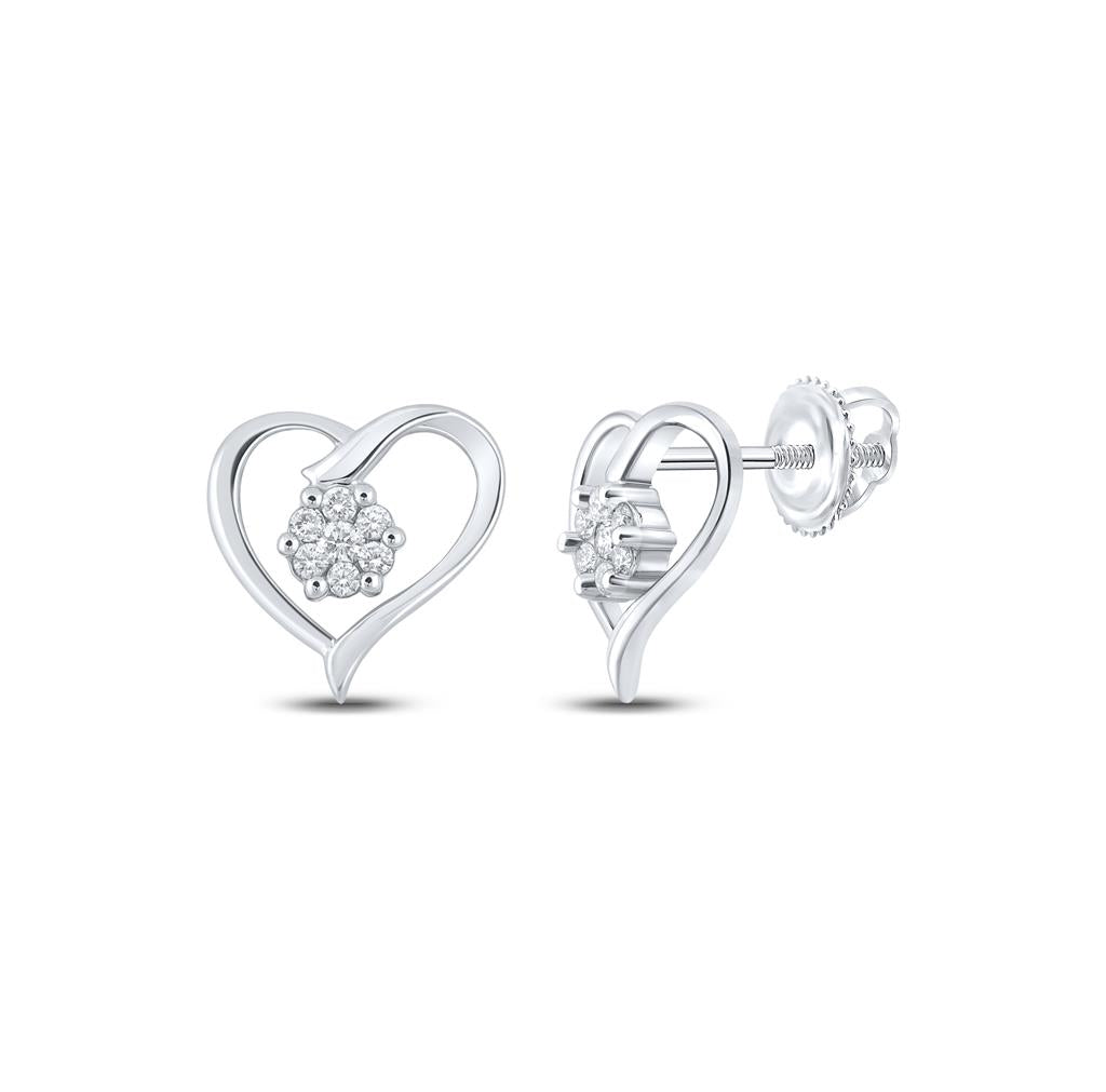 14k White Gold Round Diamond Heart Earrings 1/6 Cttw