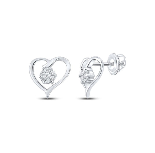 14k White Gold Round Diamond Heart Earrings 1/6 Cttw