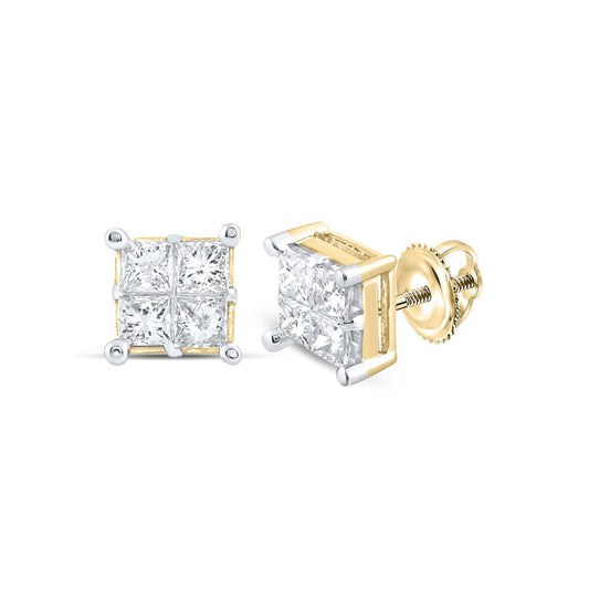 14kt Yellow Gold Womens Princess Diamond Square Cluster Stud Earrings 1 Cttw