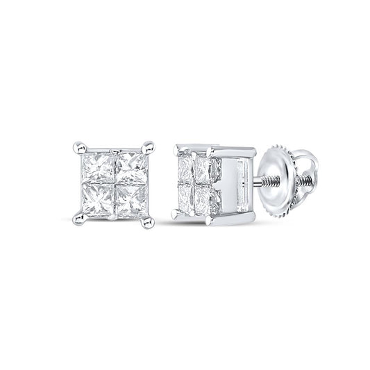 14k White Gold Princess Diamond Square Earrings 1/2 Cttw