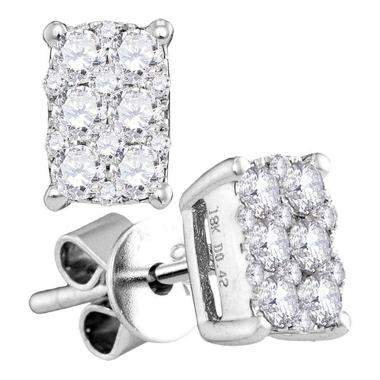 18k White Gold Round Diamond Emerald Cluster Earrings 3/8 Cttw