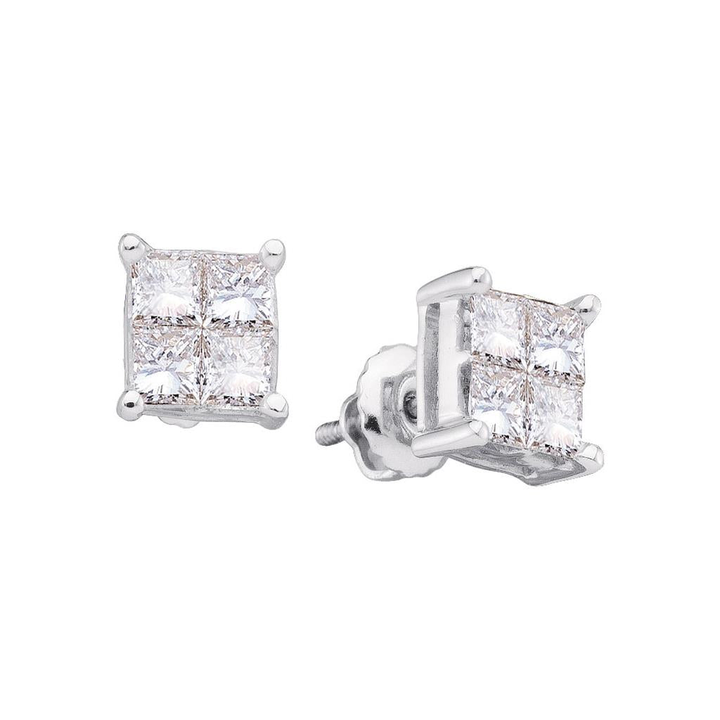 14k White Gold Princess Diamond Square Cluster Stud Earrings 1/3 Cttw