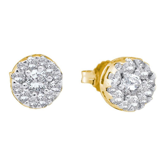14k Yellow Gold Round Diamond Flower Cluster Stud Earrings 1/2 Cttw