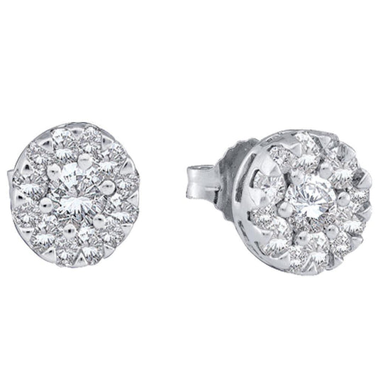 14k White Gold Round Diamond Flower Cluster Earrings 1/2 Cttw