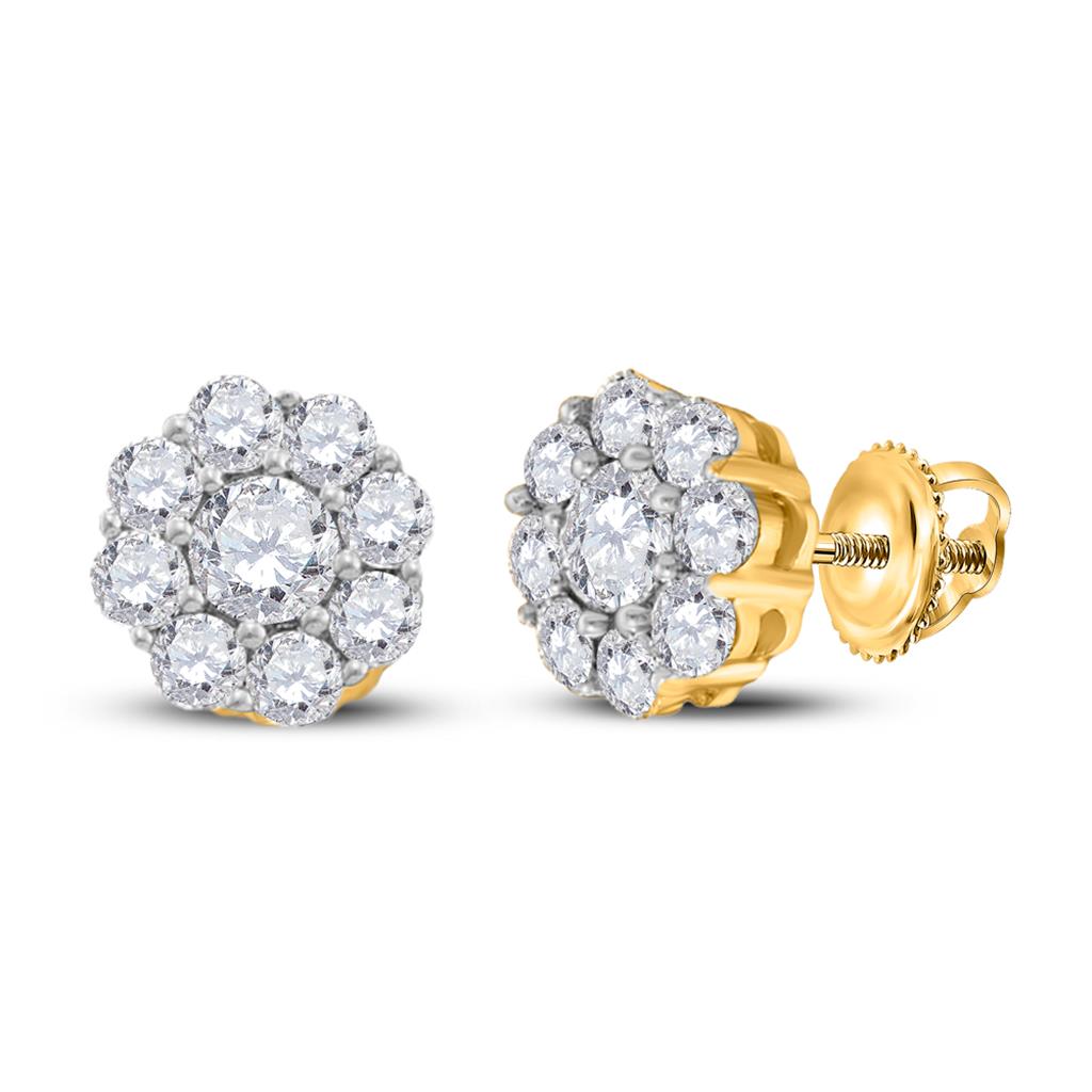 14k Yellow Gold Round Diamond Flower Cluster Stud Earrings 1/2 Cttw