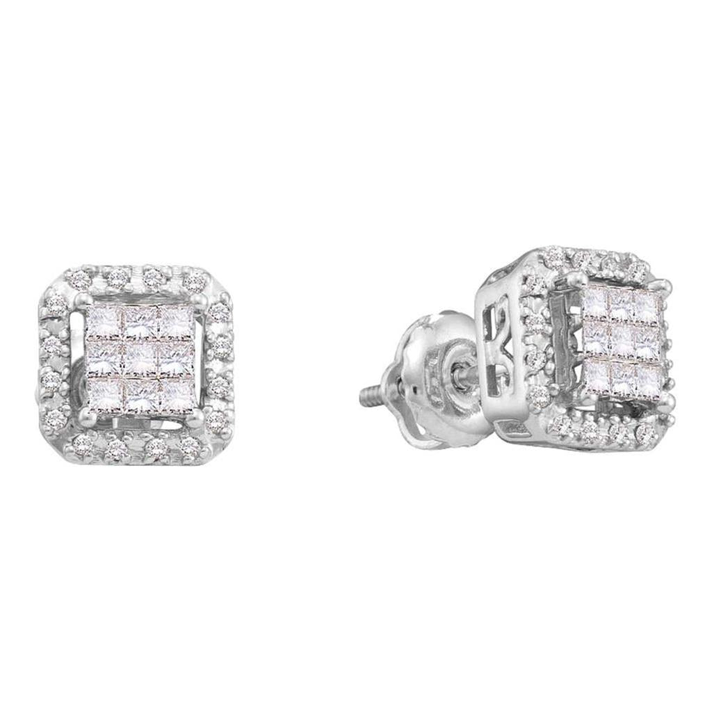 14k White Gold Princess Diamond Square Frame Cluster Earrings 1/3 Cttw