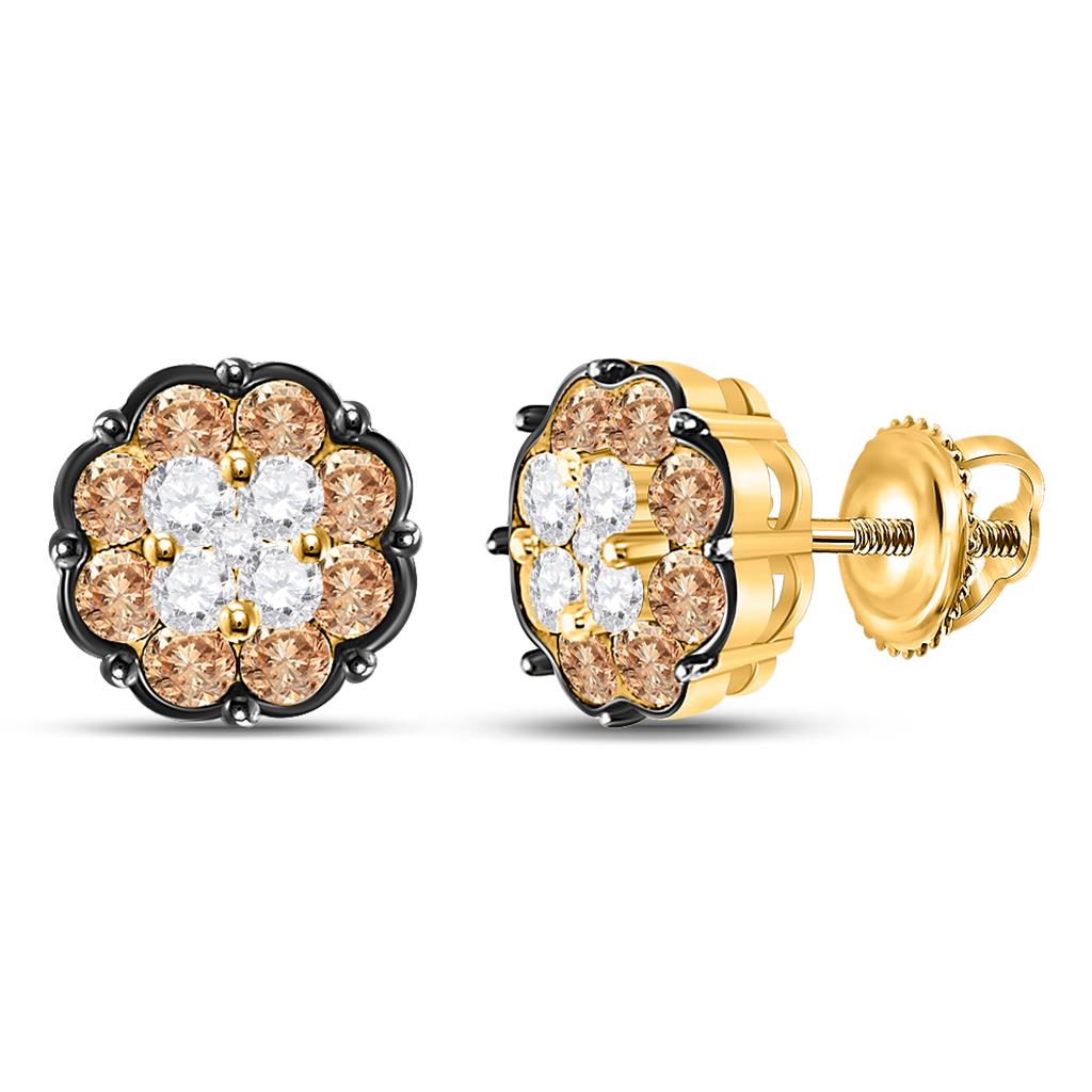 14k Yellow Gold Round Brown Diamond Cluster Earrings 1 Cttw