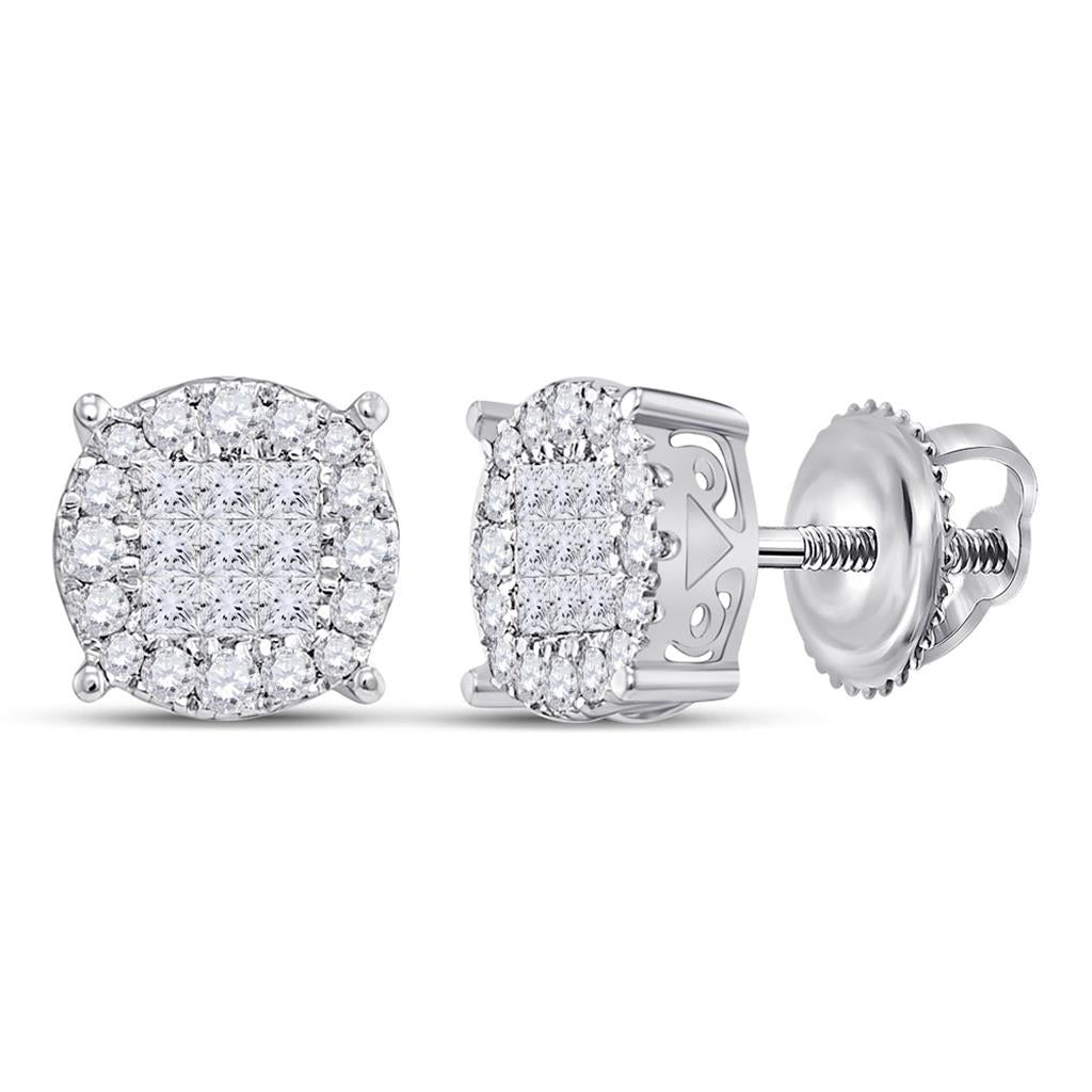 14k White Gold Princess Diamond Cluster Earrings 1/2 Cttw