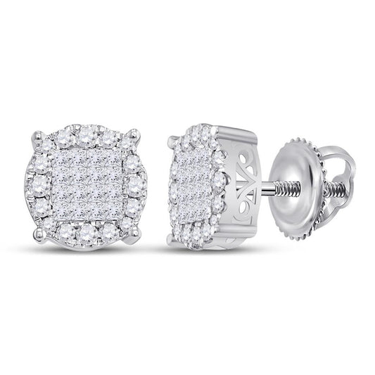14k White Gold Princess Diamond Fashion Cluster Earrings 1 Cttw