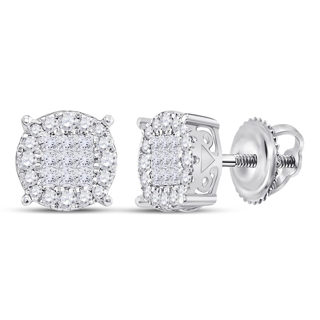 14k White Gold Princess Diamond Fashion Cluster Earrings 1/4 Cttw