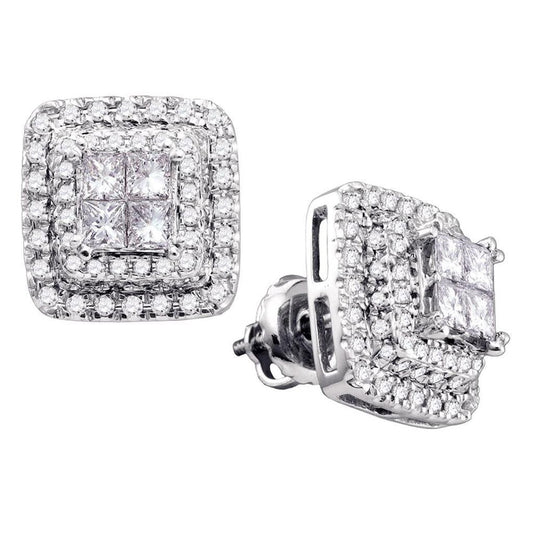 14k White Gold Princess Round Diamond Square Frame Cluster Earrings 1 Cttw