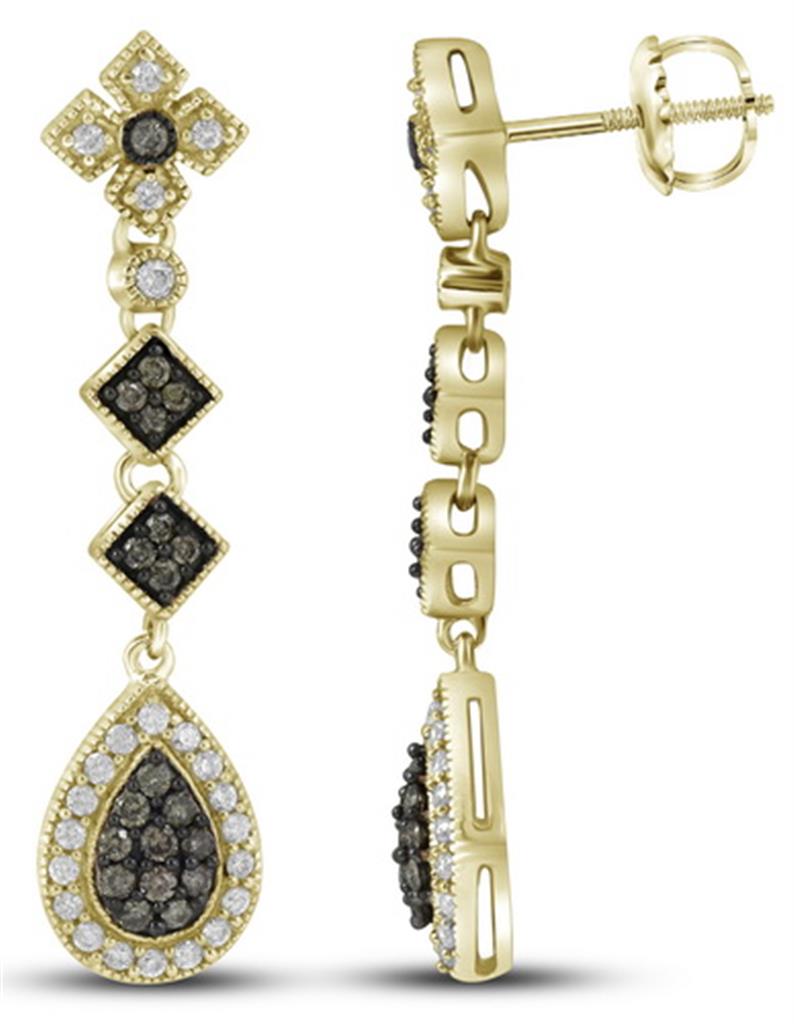 14k Yellow Gold Brown Diamond Dangle Fashion Earrings 5/8 Cttw