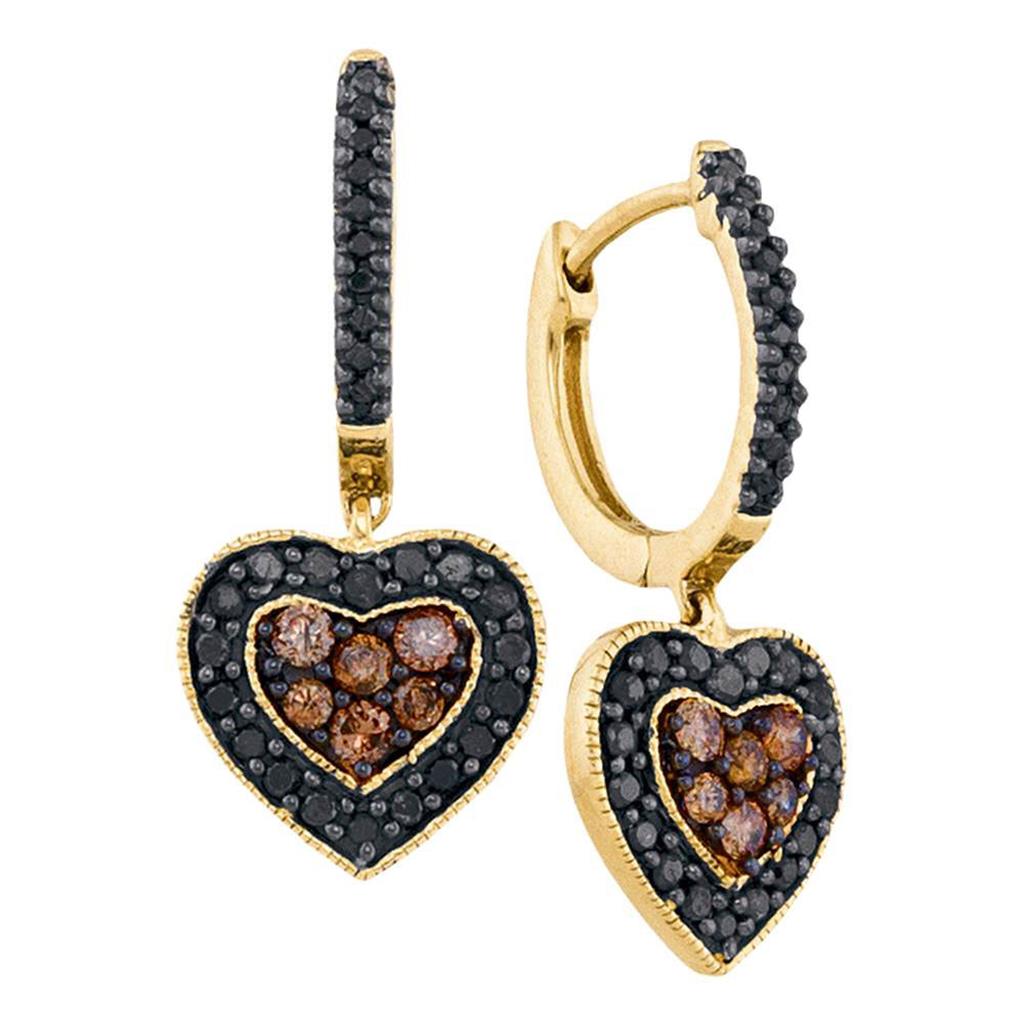 14k Yellow Gold Black Diamond Heart Cluster Earrings 5/8 Cttw