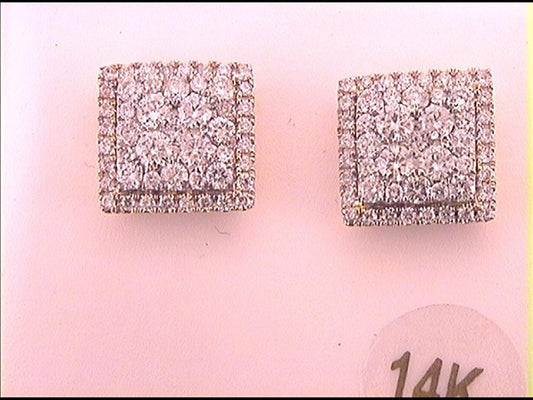 14k Yellow Gold Round Diamond Square Cluster Earrings 1 Cttw