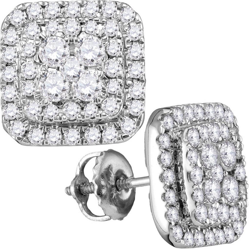 14k White Gold Round Diamond Square Cluster Earrings 1 Cttw