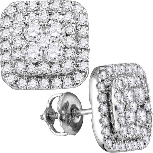 14k White Gold Round Diamond Square Cluster Earrings 1 Cttw