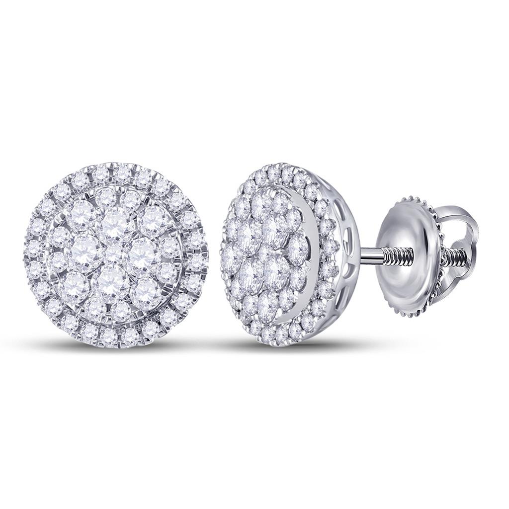14k White Gold Round Diamond Halo Cluster Earrings 1 Cttw