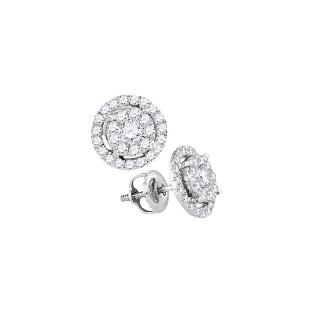 14k White Gold Round Diamond Concentric Cluster Earrings 3/4 Cttw