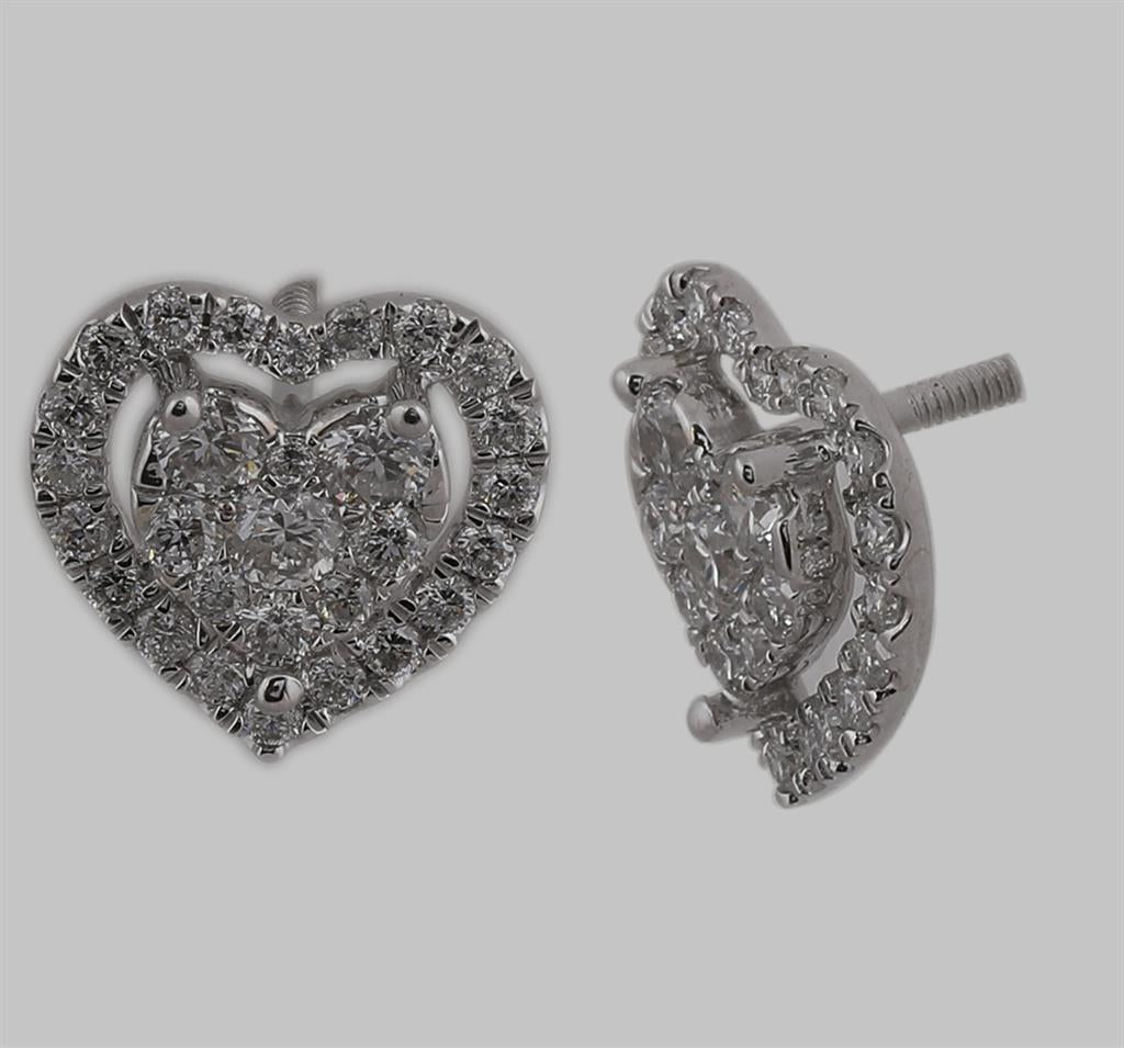 14k White Gold Round Diamond Heart Frame Cluster Stud Earrings 3/4 Cttw