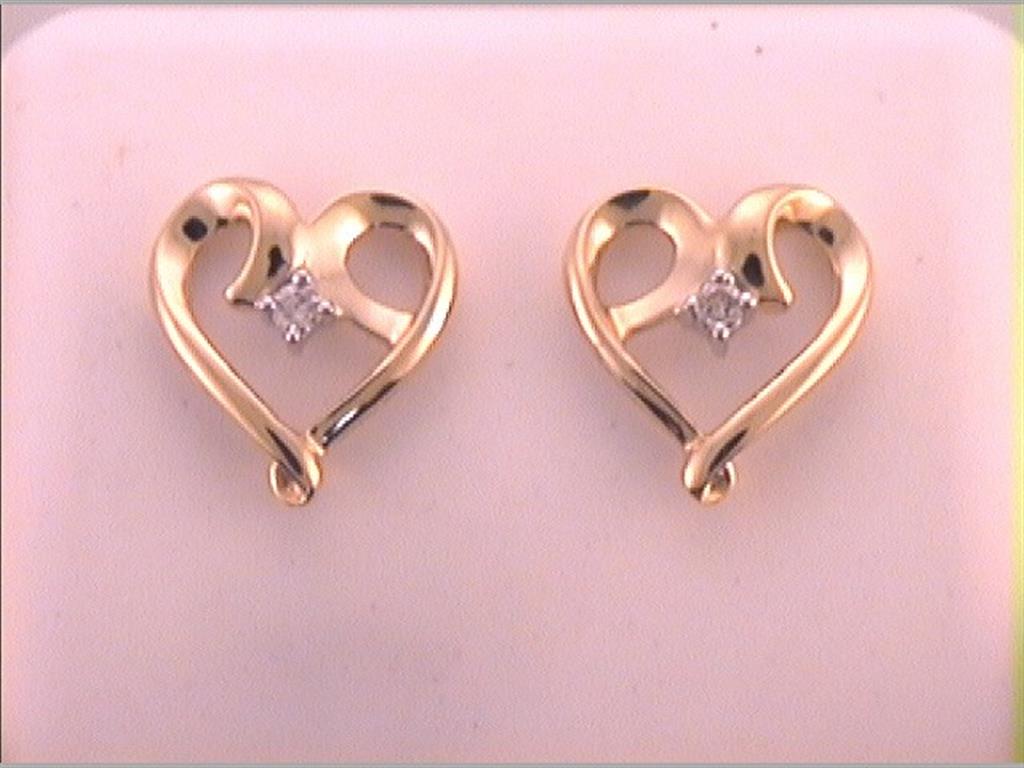 10k Yellow Gold Round Diamond Heart Earrings 1/20 Cttw