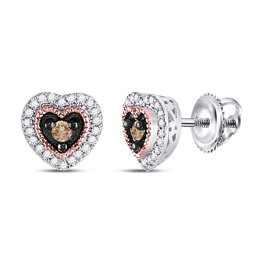 10k Two-tone Gold Round Brown Diamond Heart Earrings 1/5 Cttw
