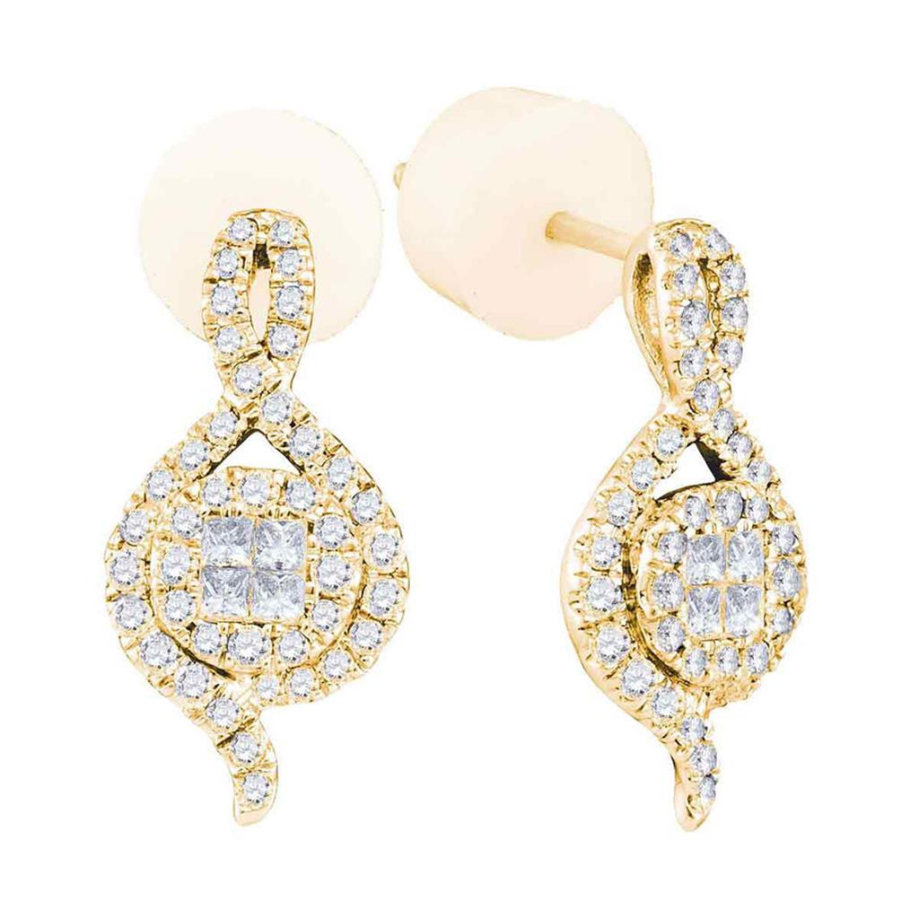 14k Yellow Gold Princess Round Diamond Spade Cluster Earrings 1/2 Cttw