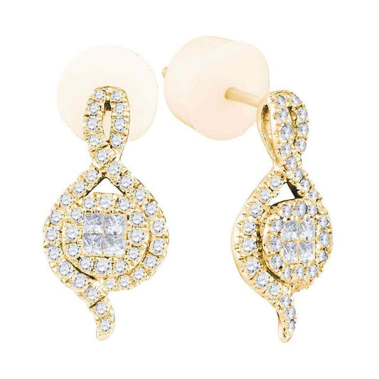 14k Yellow Gold Princess Round Diamond Spade Cluster Earrings 1/2 Cttw