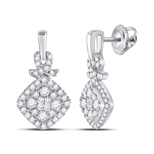 14k White Gold Princess Diamond Square Cluster Dangle Earrings 1/2 Cttw