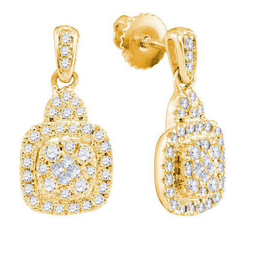 14k Yellow Gold Princess Round Diamond Square Dangle Earrings 1/2 Cttw