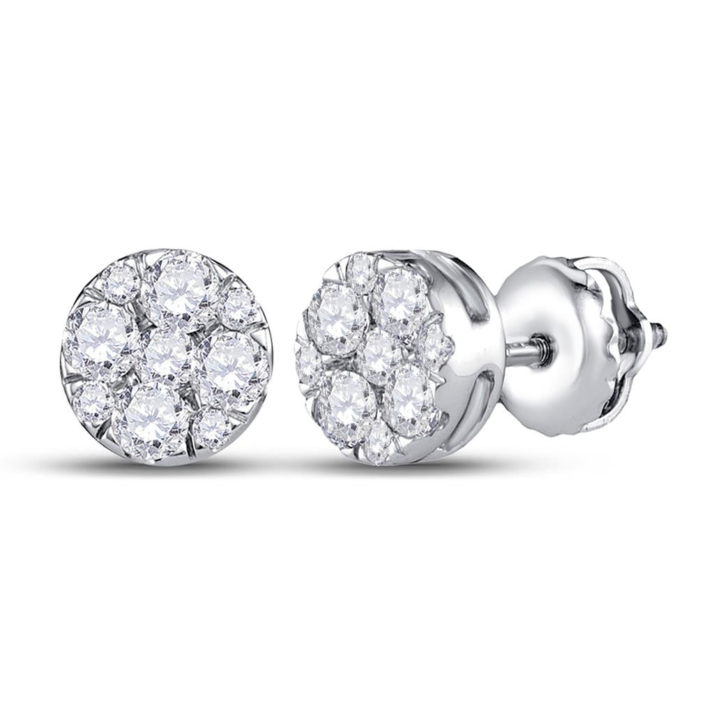 14k White Gold Round Diamond Fashion Cluster Earrings 1/2 Cttw