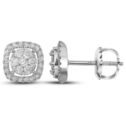 14k White Gold Round Diamond Flower Cluster Square Frame Earrings 3/8 Cttw