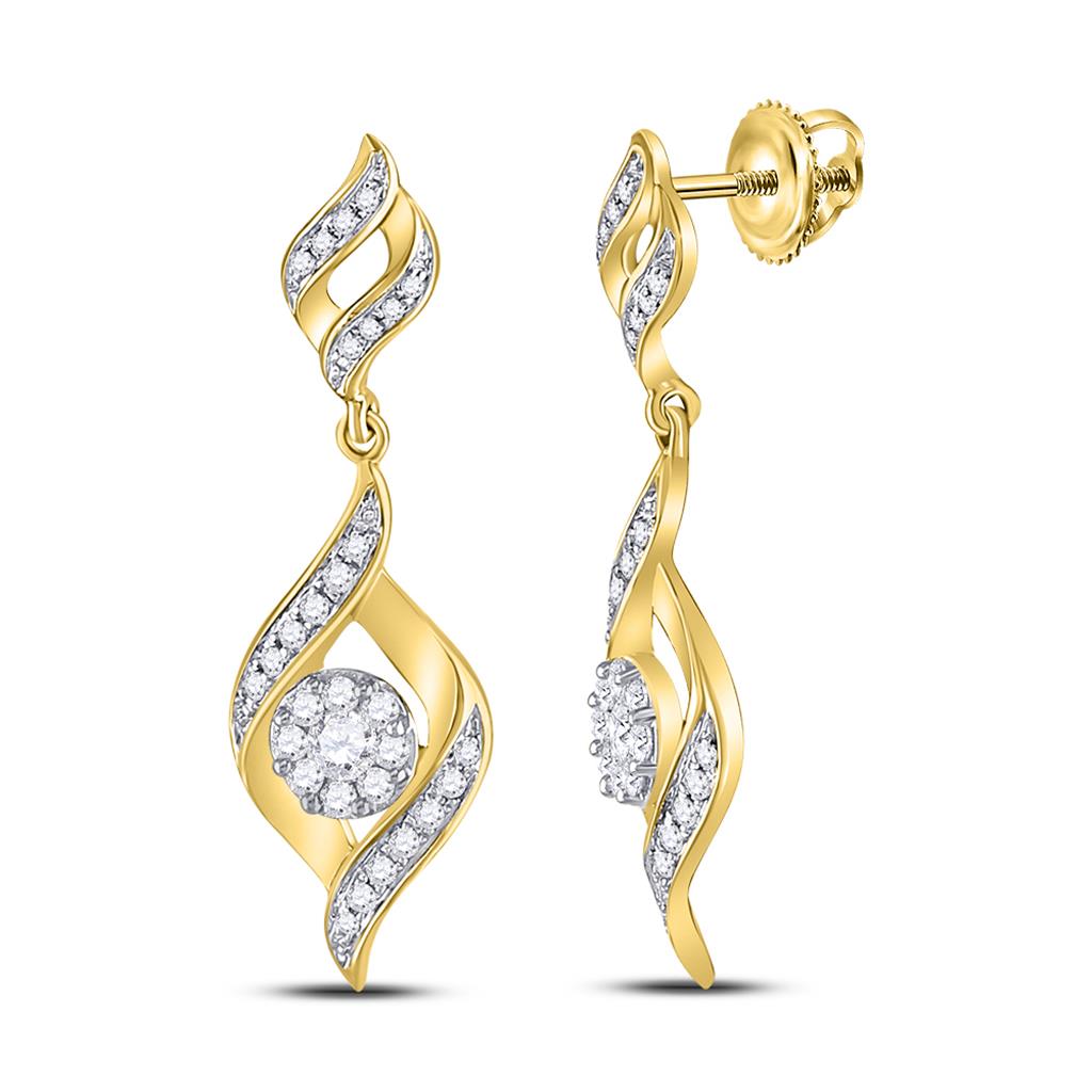 14k Yellow Gold Round Diamond Cluster Ribbon Dangle Earrings 1/2 Cttw