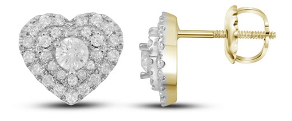 14k Yellow Gold Round Diamond Heart Earrings 1/2 Cttw