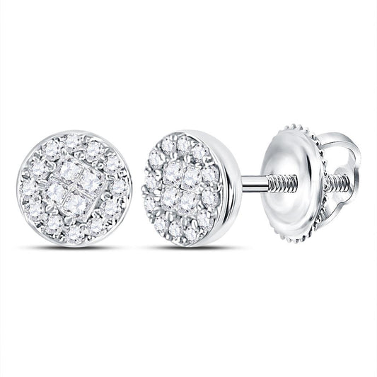14k White Gold Princess Round Diamond Cluster Earrings 1/6 Cttw