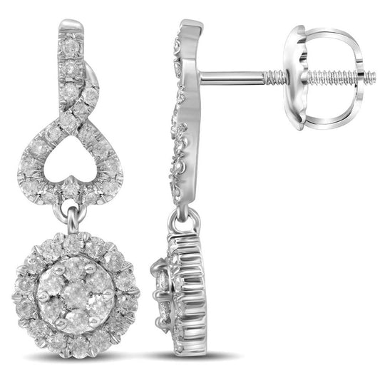 14k White Gold Round Diamond Cluster Dangle Earrings 1 Cttw