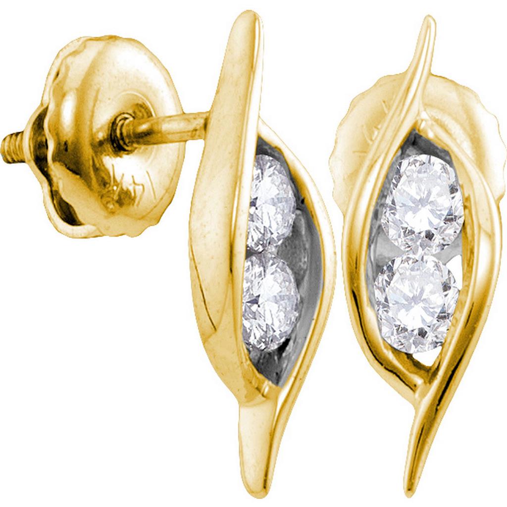 14k Yellow Gold Round Diamond 2-stone Hearts Together Stud Earrings 1/4 Cttw