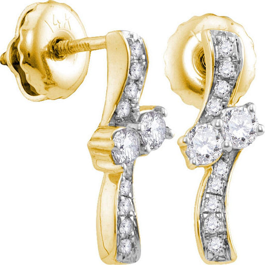 14k Yellow Gold Round Diamond 2-stone Hearts Together Stud Earrings 1/4 Cttw